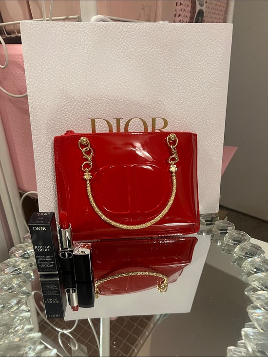 Dior Handbags - Dior Red Pouch with Gold Handles and Mini Deluxe 999 Rouge Red
